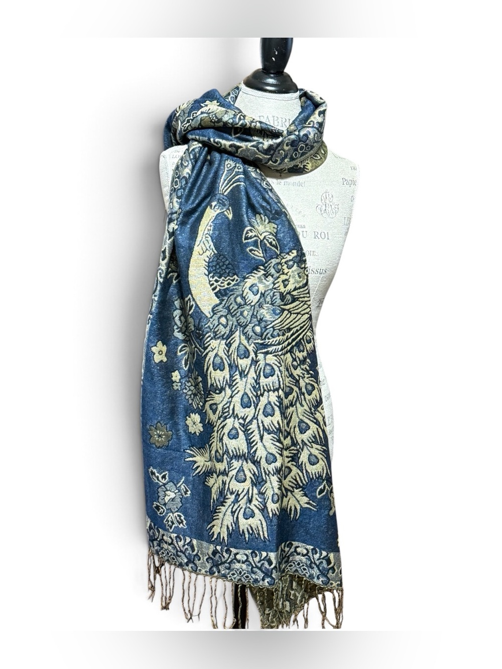Vintage Pashmina and Silk Blend Peacock Scarf Wrap Metallic Threading Blue Gold